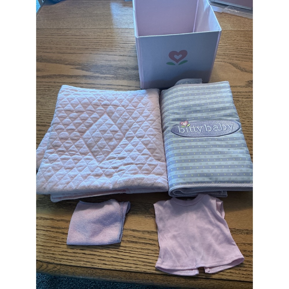 American Girl Bitty Baby Accessory Set Blanket Changing Mat Bin Clothes Pink